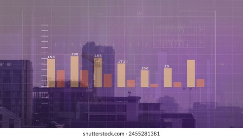 Image of financial data processing over cityscape. global finance, business and digital interface concept digitally generated image.