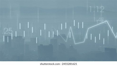 Image of financial data processing over cityscape. global finance, business and digital interface concept digitally generated image.