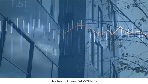 Image of financial data processing over cityscape. global finance, business and digital interface concept digitally generated image.