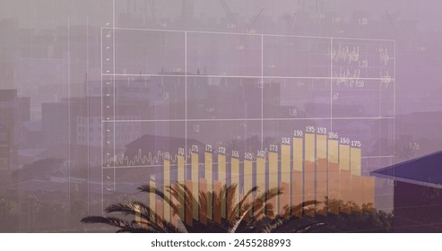 Image of financial data processing over cityscape. global finance, business and digital interface concept digitally generated image.