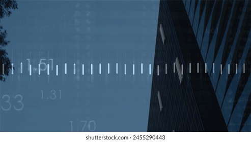 Image of financial data processing over cityscape. global finance, business and digital interface concept digitally generated image.