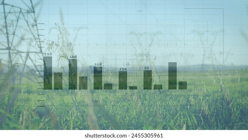 Image of financial data processing over electricity pylons and landscape. global finance, business and digital interface concept digitally generated image.
