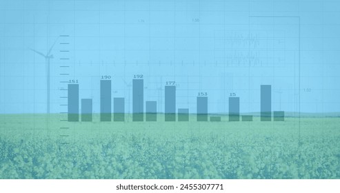 Image of financial data processing over wind turbines and landscape. global finance, business and digital interface concept digitally generated image.