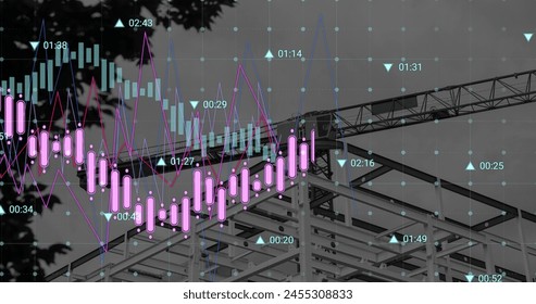 Image of financial data processing over construction site. global development, business, finance, digital interface and data processing concept digitally generated image.