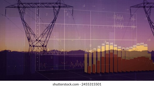 Image of financial data processing over electricity pylons and landscape. global finance, business and digital interface concept digitally generated image. - Powered by Shutterstock