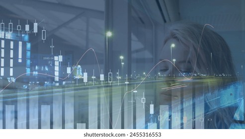 Image of financial data processing over caucasian businesswoman. business, digital interface and data processing concept digitally generated image.