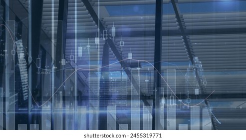 Image of financial data processing over busy office. business, digital interface and data processing concept digitally generated image.