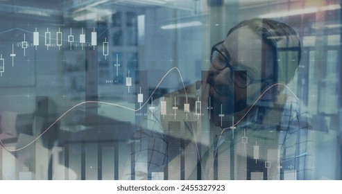 Image of financial data processing over caucasian businessman. business, digital interface and data processing concept digitally generated image.