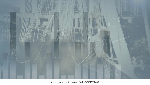 Image of financial data processing over busy city. business, digital interface and data processing concept digitally generated image.