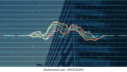 Image of financial data processing over modern office block. business, digital interface and data processing concept digitally generated image.