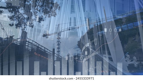 Image of financial data processing over constructions site and busy city. business, digital interface and data processing concept digitally generated image.