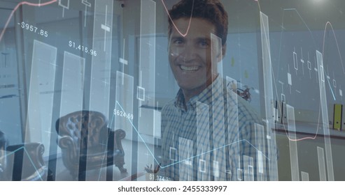 Image of financial data processing over caucasian businessman. business, digital interface and data processing concept digitally generated image.
