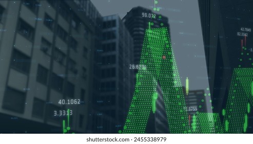 Image of financial data processing over modern buildings in city. business, digital interface and data processing concept digitally generated image.