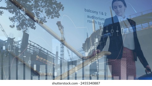 Image of financial data processing over caucasian businesswoman. business, digital interface and data processing concept digitally generated image.