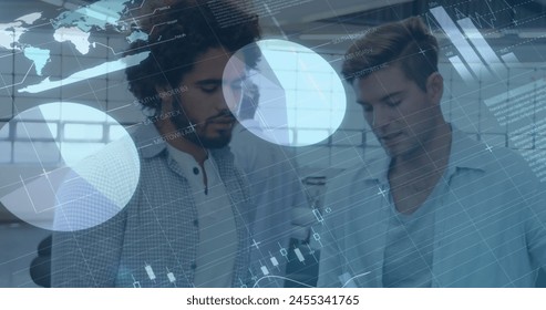 Image of financial data processing over diverse businessmen. business, digital interface and data processing concept digitally generated image.