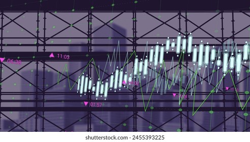 Image of financial data processing over office building. global business, finance, digital interface and data processing concept digitally generated image.