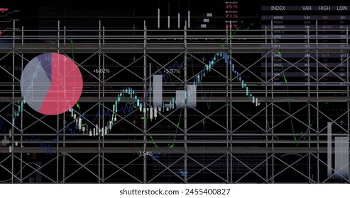 Image of financial data processing over scaffolding. global development, business, digital interface and data processing concept digitally generated image.