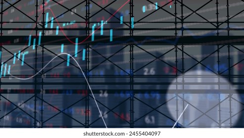 Image of financial data processing over scaffolding. global development, business, digital interface and data processing concept digitally generated image.