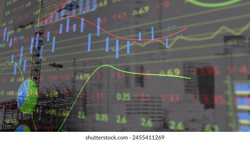 Image of financial data processing over crane and construction site. global development, business, finance, digital interface and data processing concept digitally generated image. - Powered by Shutterstock