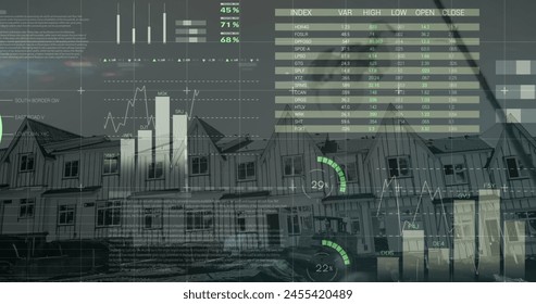 Image of financial data processing over houses. global development, business, finance, digital interface and data processing concept digitally generated image. - Powered by Shutterstock - Get 15% off with code: PIKWIZARD15