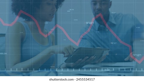 Image of financial data processing over diverse business people in office. Global business and digital interface concept digitally generated image.