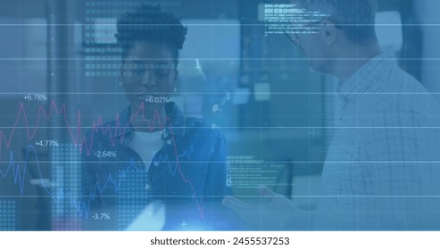 Image of financial data processing over diverse business people in office. Global business and digital interface concept digitally generated image.