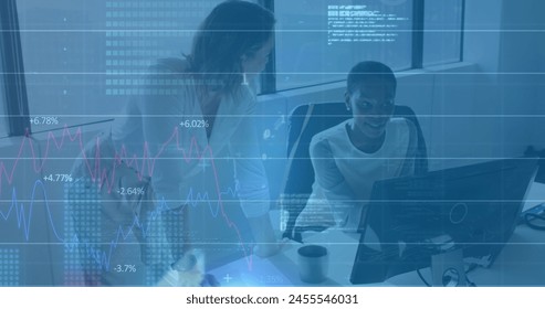 Image of financial data processing over diverse business people in office. Global business and digital interface concept digitally generated image.