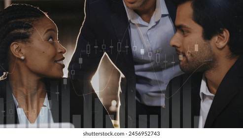 Image of financial data processing over diverse business people in office. global business, data processing and digital interface concept digitally generated image.