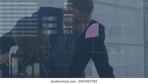 Image of financial data processing over two diverse business people. global business, finances, data processing and digital interface concept digitally generated image.