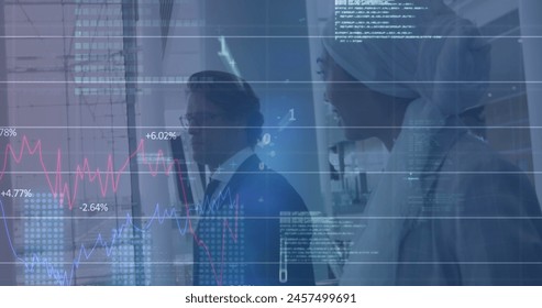 Image of financial data processing over two diverse business people. global business, finances, data processing and digital interface concept digitally generated image.