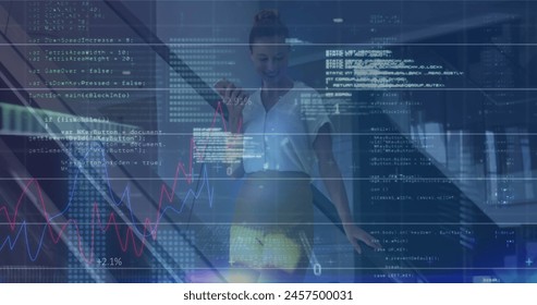 Image of financial data processing over caucasian businesswoman using smartphone. global business, finances, data processing and digital interface concept digitally generated image. - Powered by Shutterstock - Get 15% off with code: PIKWIZARD15