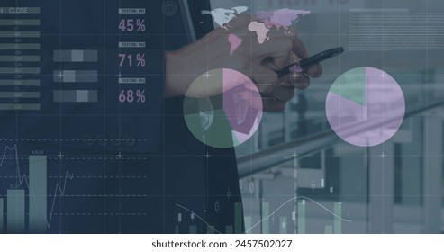 Image of financial data processing over businessman using smartphone. global business, finances, data processing and digital interface concept digitally generated image.