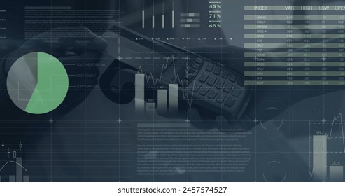 Image of financial data processing over payment terminal. Global science, connections, data processing and digital interface concept digitally generated image.