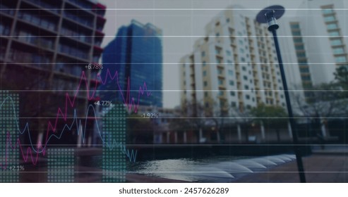 Image of financial data processing over cityscape. global finances, business and data processing concept digitally generated image.