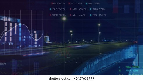 Image of financial data processing over cityscape. global finances, business and data processing concept digitally generated image.