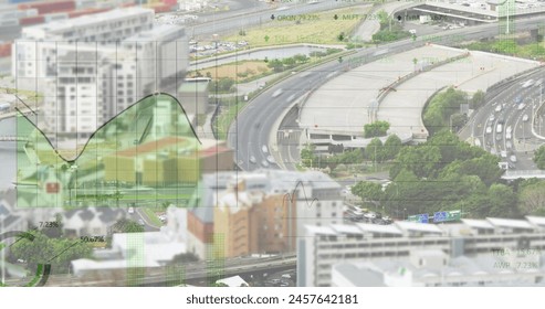 Image of financial data processing over cityscape. global finances, business and data processing concept digitally generated image.