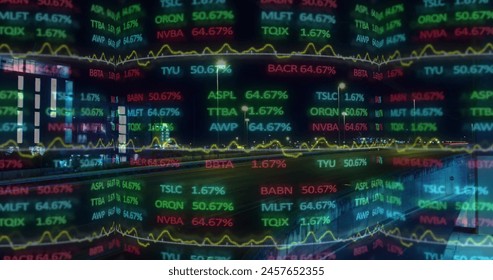 Image of financial data processing over cityscape. global finances, business and data processing concept digitally generated image.