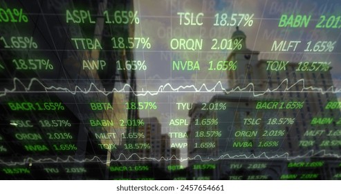 Image of financial data processing over cityscape. global finances, business and data processing concept digitally generated image.
