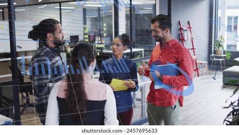Image of financial data processing over diverse business people. Global business, computing and digital interface concept digitally generated image.