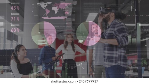 Image of financial data processing over diverse business people. Global business, computing and digital interface concept digitally generated image.