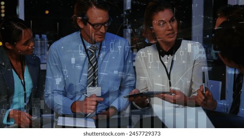 Image of financial data processing over diverse group of business people. Global business, finance and connections concept digitally generated image.