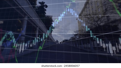 Image of financial data processing over city. Global business, finance, connections, computing and data processing concept digitally generated image.