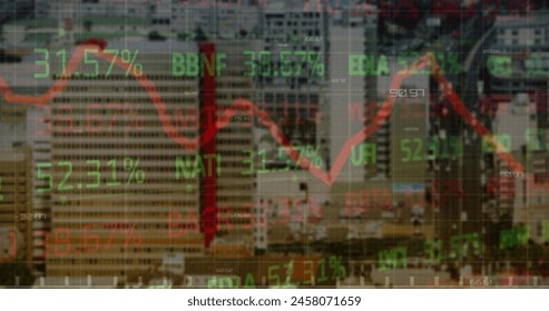 Image of financial data processing over cityscape. Global business, finance, connections, computing and data processing concept digitally generated image.