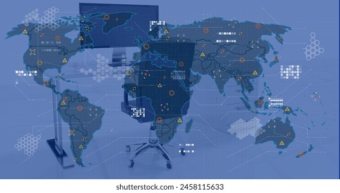 Image of financial data processing over office with computers on desks and chairs. Global finance, business, connections, computing and data processing concept digitally generated image.