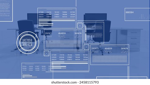 Image of financial data processing over office with computers on desks. Global finance, business, connections, computing and data processing concept digitally generated image.