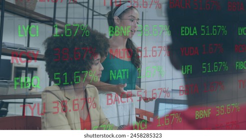 Image of financial data processing over diverse business people in office. Global business, finance, computing and data processing concept digitally generated image.