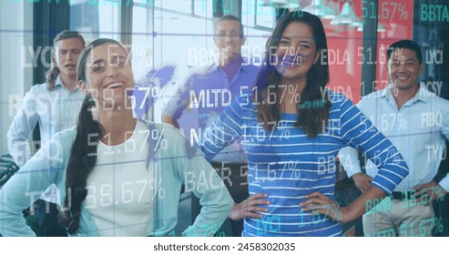 Image of financial data processing over diverse business people in office. Global business, finance, computing and data processing concept digitally generated image.