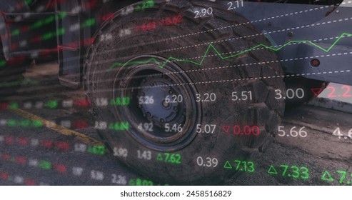 Image of financial data processing over truck wheel. Business, finances, transport and digital interface concept digitally generated image. - Powered by Shutterstock - Get 15% off with code: PIKWIZARD15