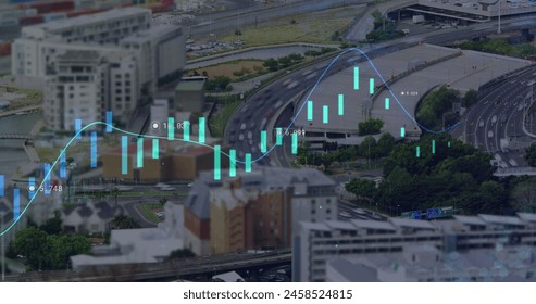 Image of financial data processing over cityscape. Business, finances, computing and digital interface concept digitally generated image.