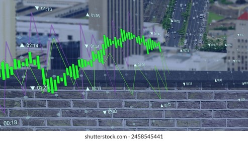 Image of financial data processing over cityscape. Business, finances, computing and digital interface concept digitally generated image.